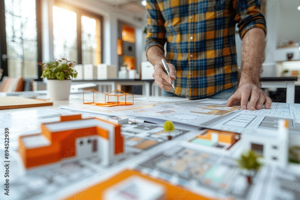Fototapeta premium Closeup of an interior designer analyzing space utilization, contemporary office, interior designer space planning, efficiency and design