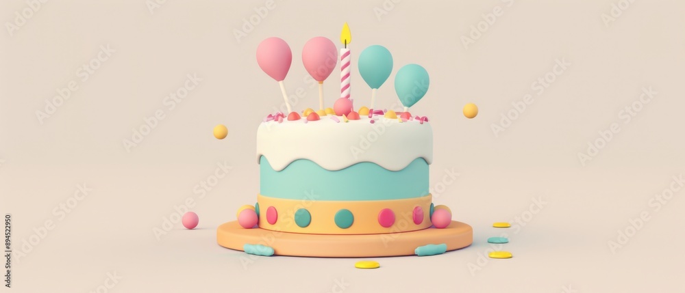 Birthday cake illustration on pure white background flat design front view party theme 3D render Complementary Color Scheme Birthday cake illustration on pure white background flat design front view party theme 3D render Complementary Color Scheme