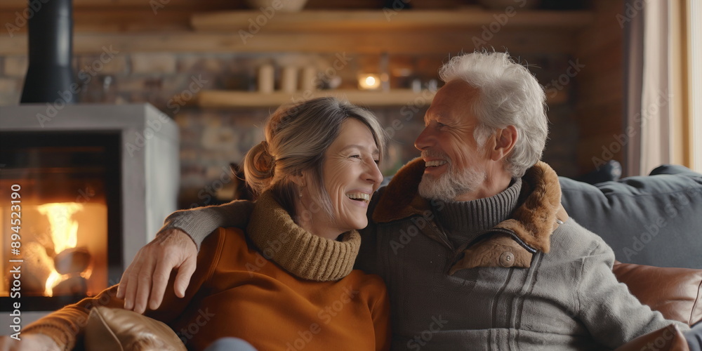 An elderly couple enjoying a cozy moment by the fireplace An elderly couple enjoying a cozy moment by the fireplace