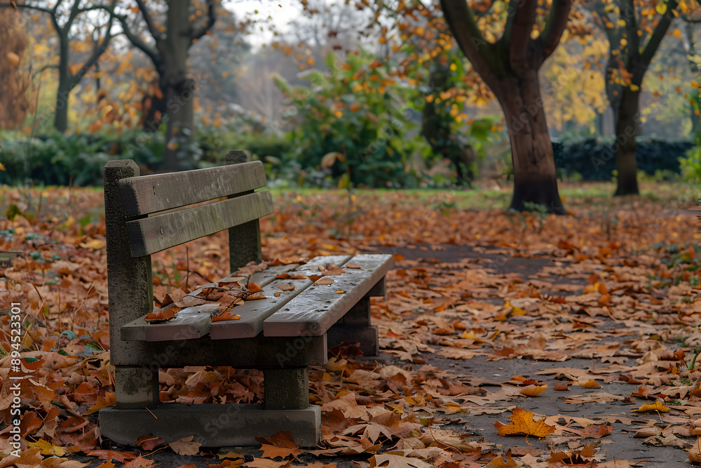 Peaceful autumn park scene with a wooden bench and fallen leaves.
Peaceful autumn park scene with a wooden bench and fallen leaves.