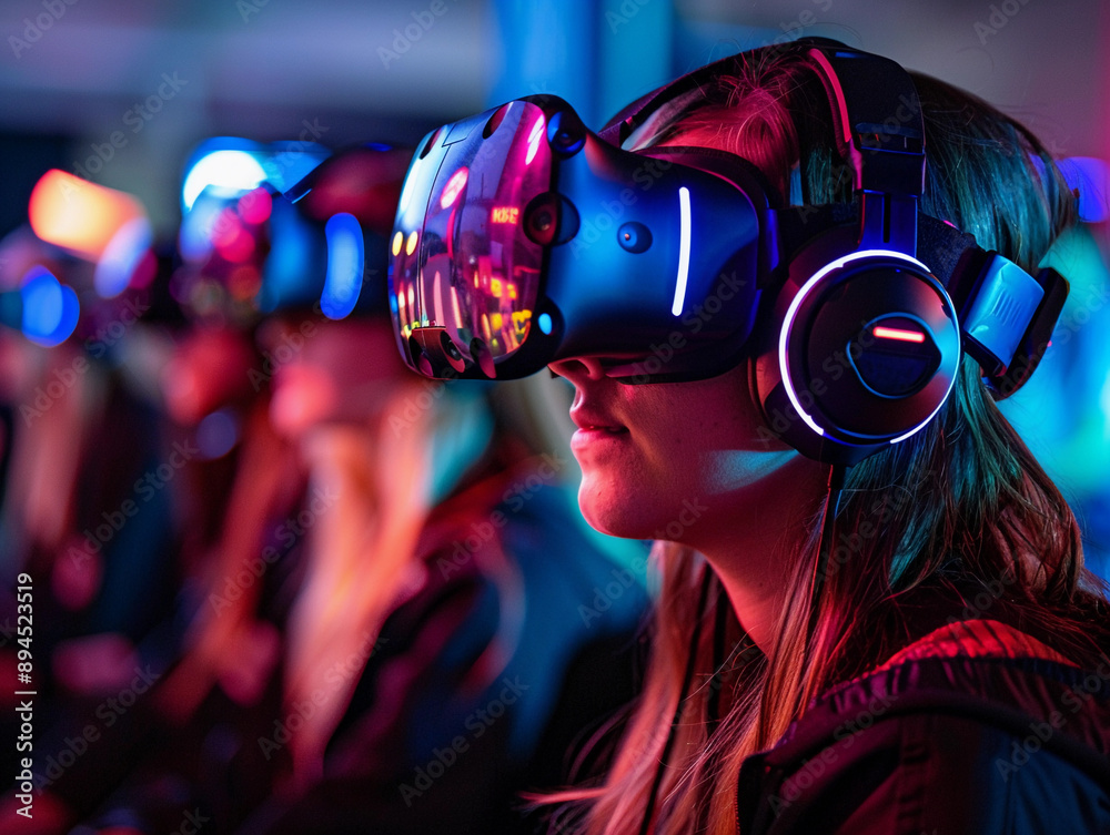 Young Woman Experiencing Virtual Reality in a Neon Lit Room Young Woman Experiencing Virtual Reality in a Neon Lit Room