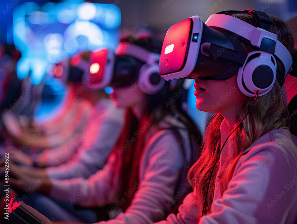 Women Immersed in Virtual Reality Gaming Experience at Night Women Immersed in Virtual Reality Gaming Experience at Night