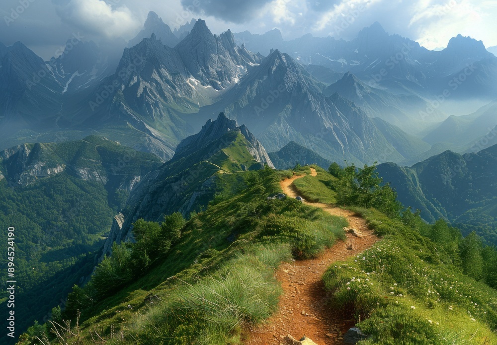 Naklejka premium A picturesque mountain trail winding through the French Alps with dramatic vistas