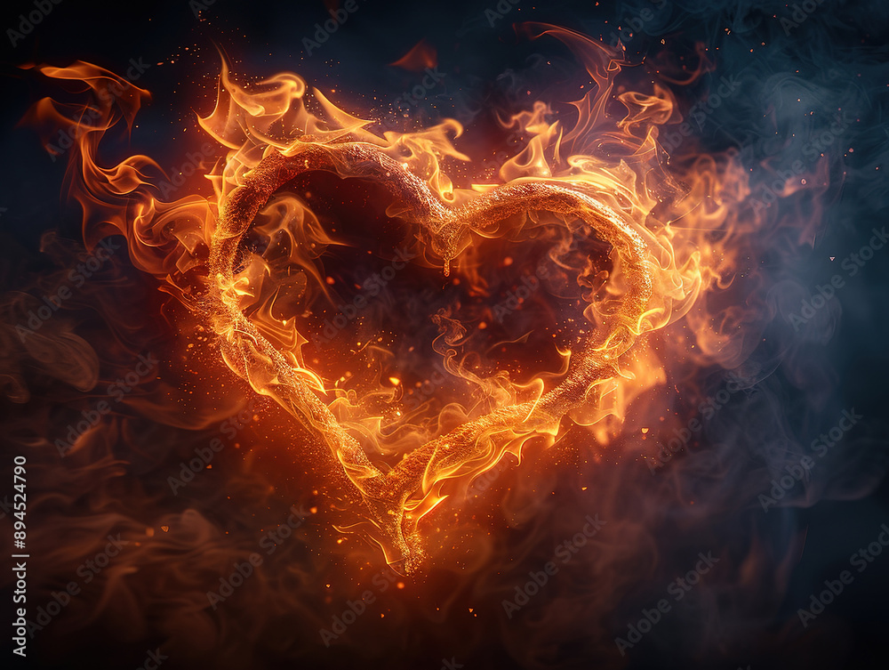 Fototapeta premium Fire heart flame love passion abstract smoke valentine background hot. Heart flame fire black burn shape design fiery icon tongue warm art phoenix heat magic image tattoo fireplace hell red danger.