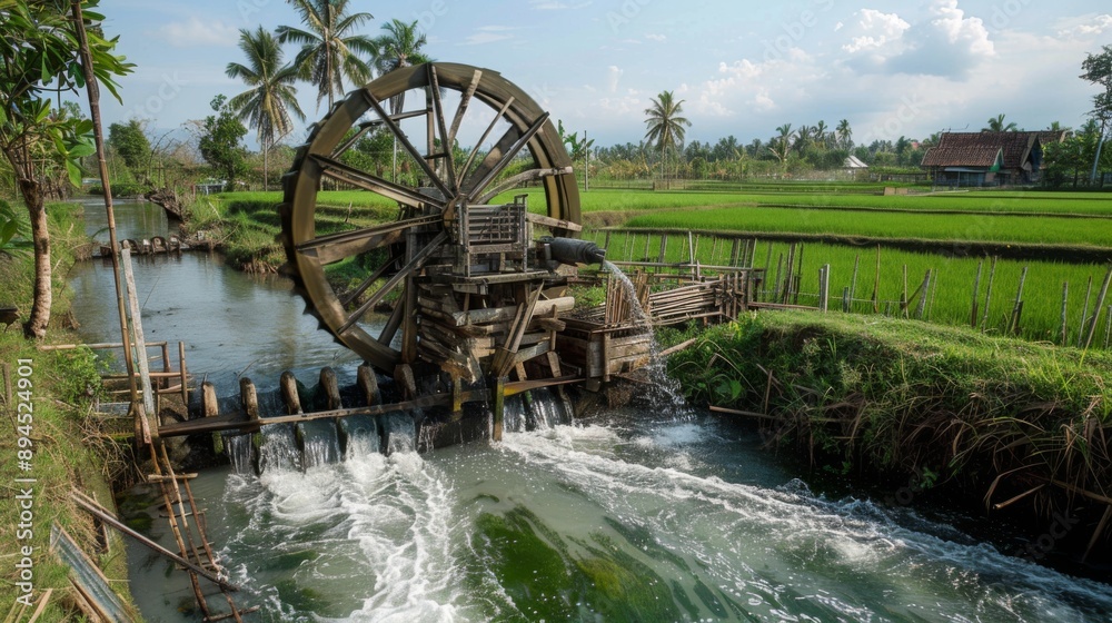 A traditional wooden waterwheel drawing water from a canal to irrigate rice fields. A traditional wooden waterwheel drawing water from a canal to irrigate rice fields.