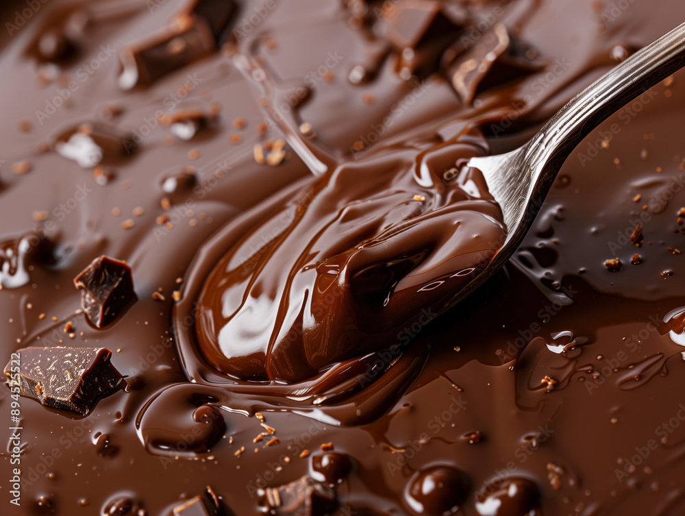 Melted Chocolate with Chunks and a Spoon in a Yummy Closeup View Melted Chocolate with Chunks and a Spoon in a Yummy Closeup View