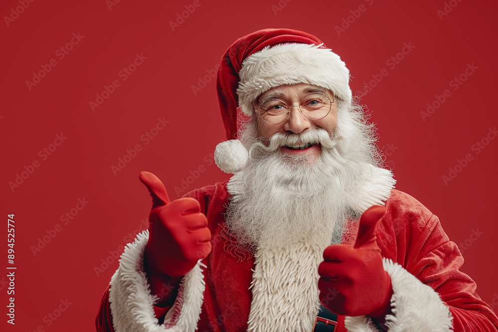 Naklejka premium Happy Santa Claus in sunglasses show thump up or like on red background. Christmas and New Year sale concept. Flyer for winter sale, promotions, discount card. Banner, poster with copy space AI
