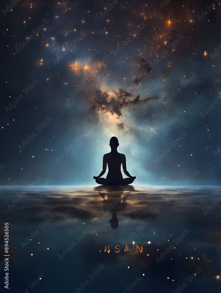 Silhouette of a Person Meditating in a Calm, Tranquil Setting Under a Luminous Starry Night Sky, Evoking Peace, Mindfulness, and Cosmic Energy Silhouette of a Person Meditating in a Calm, Tranquil Setting Under a Luminous Starry Night Sky, Evoking Peace, Mindfulness, and Cosmic Energy