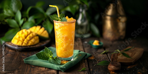 A glass of mango smoothie with mint leaves and a straw surrounded by fresh mango slices and leaves. Announcement poster or banner