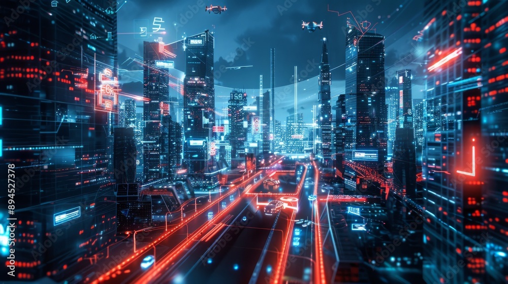 Fototapeta premium Drones Flying Over Futuristic Cityscape at Night