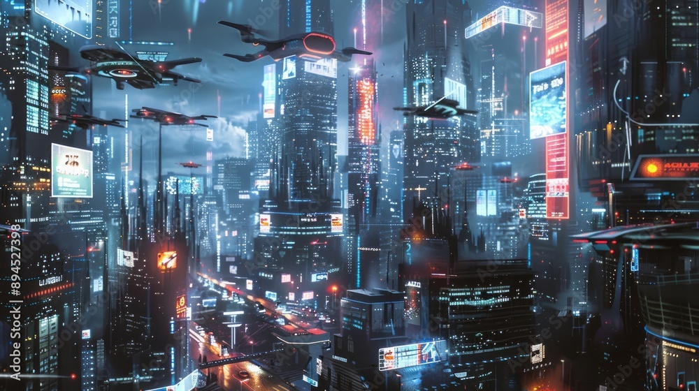 Drones Flying Over Futuristic Cityscape at Night Drones Flying Over Futuristic Cityscape at Night