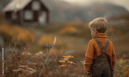 Boy in Field With Cabin in Background