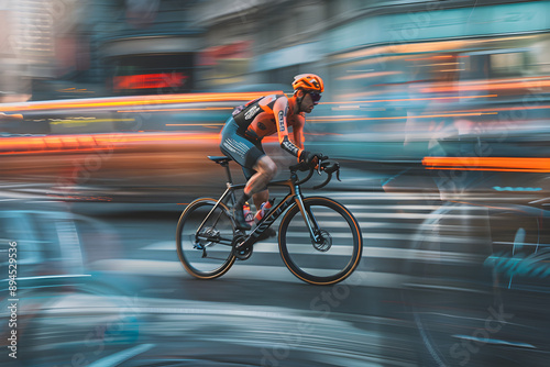 Dynamic shot of a cyclist racing through a city street.