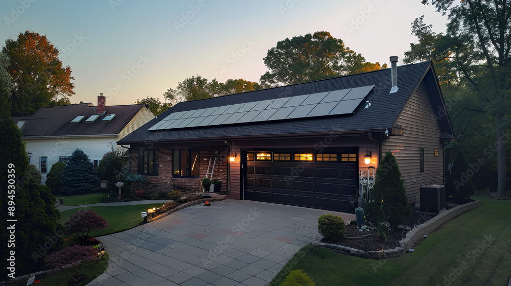 Modern black solar panels on the roof of a typical American suburban home made in the golden time of day Modern black solar panels on the roof of a typical American suburban home made in the golden time of day