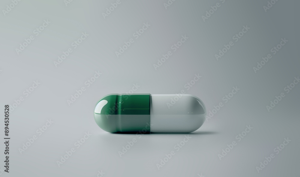 In minimalist product photography, a white and pastel blue capsule pill with modernist design is elegantly displayed against a light white background in 3D mock-up rendering.