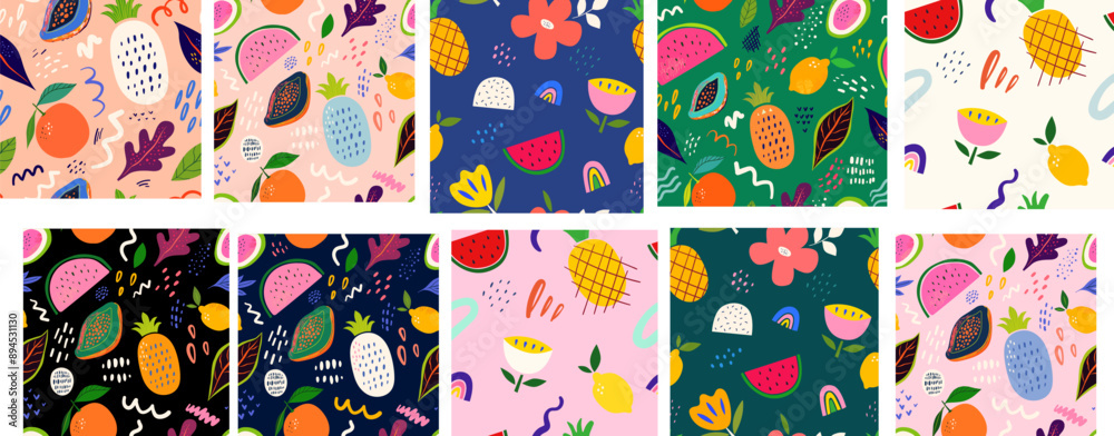 Seamless fresh summer patterns. Beautiful collection of seamless patterns with fruits. Seamless fresh summer patterns. Beautiful collection of seamless patterns with fruits.