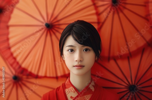 Woman in Red Kimono With Umbrellas