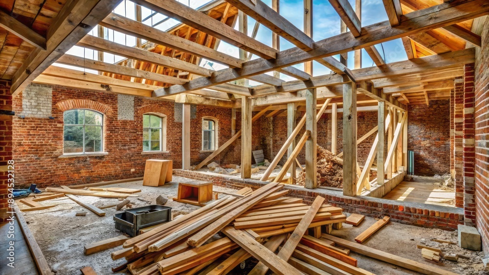 Rough-hewn wooden beams crisscross a partially built house, exposed brick walls and concrete floor amidst construction chaos. Rough-hewn wooden beams crisscross a partially built house, exposed brick walls and concrete floor amidst construction chaos.