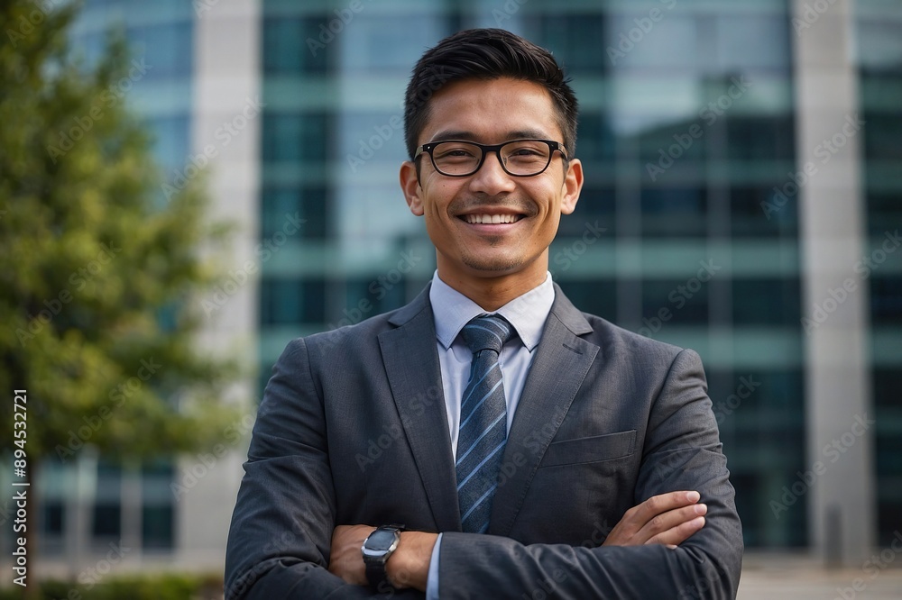 Smiling business person with arms crossed standing outside office building Smiling business person with arms crossed standing outside office building