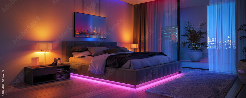 A modern bedroom with LED strips illuminating the room, casting a soft, colorful light on the sleek bed, contemporary fixtures, and elegant design elements.