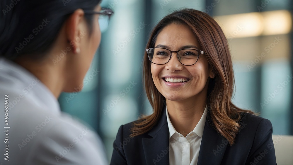 Smiling businesswoman taking interview of a job applicant Smiling businesswoman taking interview of a job applicant