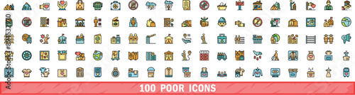 100 poor icons set. Color line set of poor vector icons thin line color flat on white