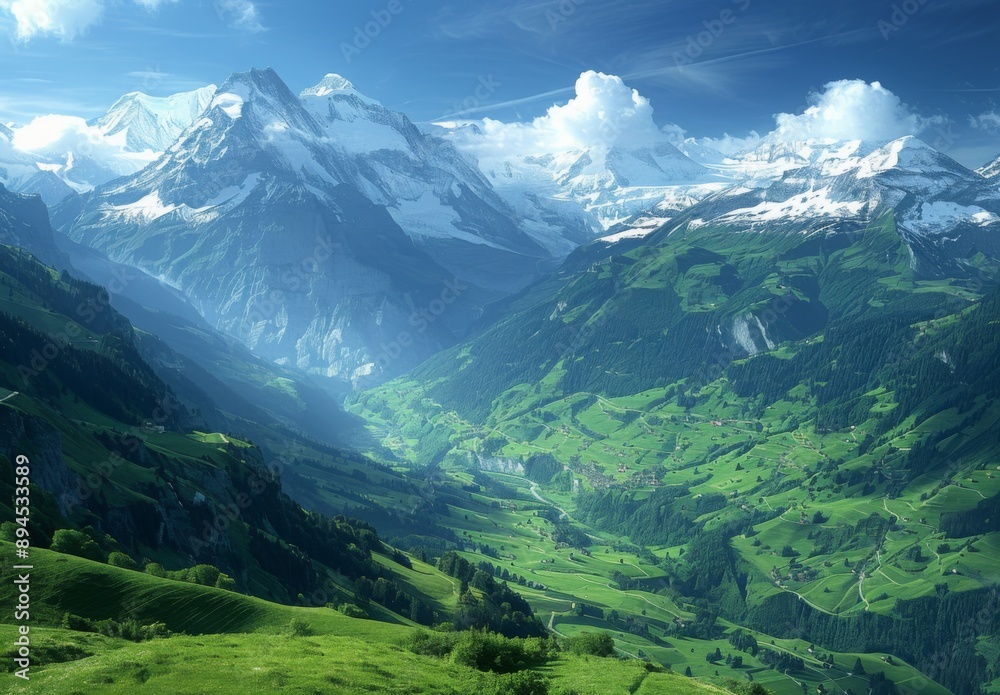Fototapeta premium A breathtaking view of snow capped peaks and lush green valleys in the Swiss Alps