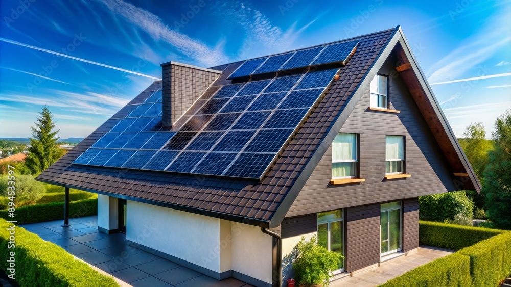 Obraz premium Roof of modern house covered in sleek black solar panels harnessing green renewable energy under bright blue clear morning sky.