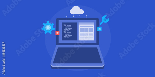 Hybrid cloud computing model, using programming language and code to manage cloud data processing and Saas integration conceptual vector illustration.