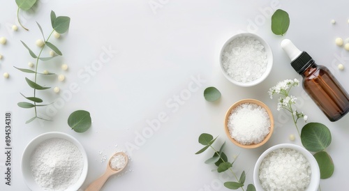 Natural Bath Salts and Oil on White Background