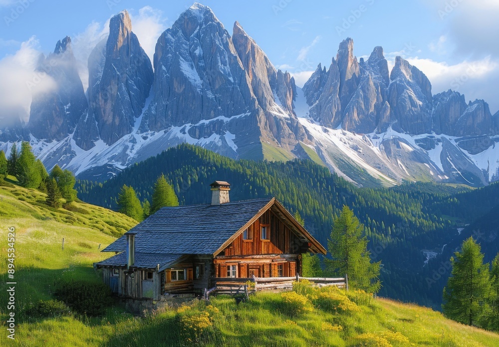 A charming alpine hut nestled among rolling meadows with majestic peaks in the background A charming alpine hut nestled among rolling meadows with majestic peaks in the background