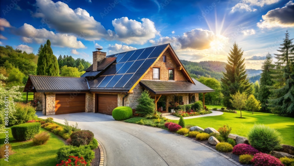 Rustic country house with sleek photovoltaic system on gable roof, surrounded by lush greenery, paved driveway, and serene landscape scenery. Rustic country house with sleek photovoltaic system on gable roof, surrounded by lush greenery, paved driveway, and serene landscape scenery.