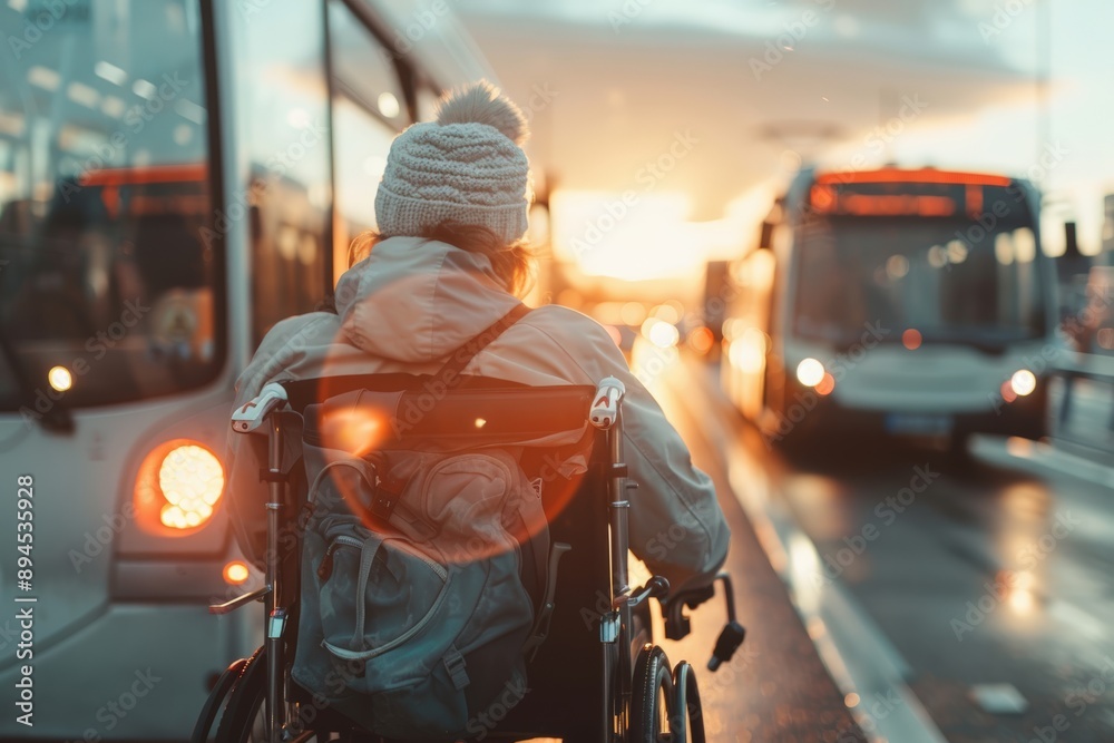 Person in wheelchair navigating city street at sunset Person in wheelchair navigating city street at sunset