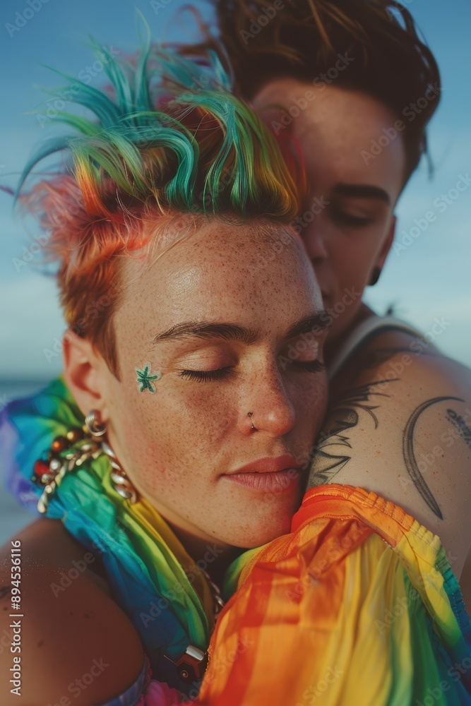 Lgbtq couple embracing in a rainbow embrace Lgbtq couple embracing in a rainbow embrace