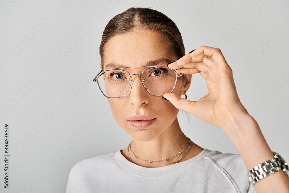 A young woman gazes confidently wearing glasses and a white shirt against a grey background. A young woman gazes confidently wearing glasses and a white shirt against a grey background.
