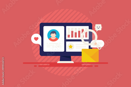 AI driven CRM software system, collecting and processing customer data, predictive analytics and optimizing marketing campaign conceptual vector illustration.