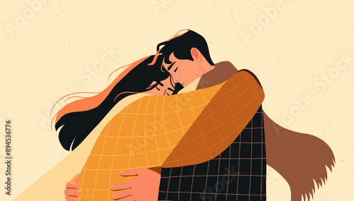Grief couple hug together. Sad family support. Woman and man love empathy. Depressed loss people. Help care miscarriage female sympathy. Vector illustration in flat style