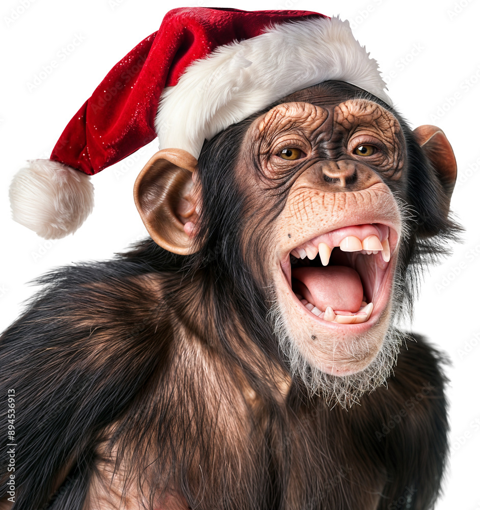Cheerful Chimpanzee Wearing Santa Hat - Festive Christmas Monkey with Open Mouth, Isolated on Transparent Background Cheerful Chimpanzee Wearing Santa Hat - Festive Christmas Monkey with Open Mouth, Isolated on Transparent Background