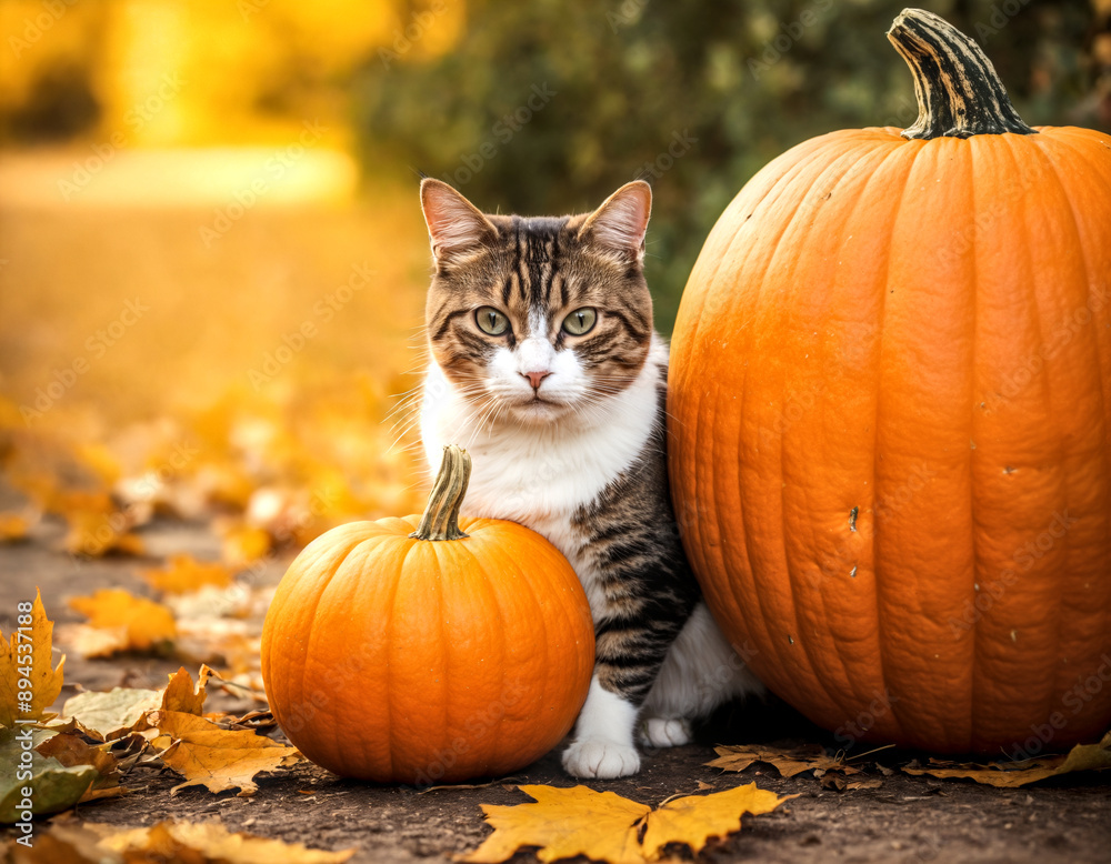 Cute cat sitting between two pumpkins. Outdoors during autumn. Cozy vibes with cat during the autumn season. Cute cat sitting between two pumpkins. Outdoors during autumn. Cozy vibes with cat during the autumn season.
