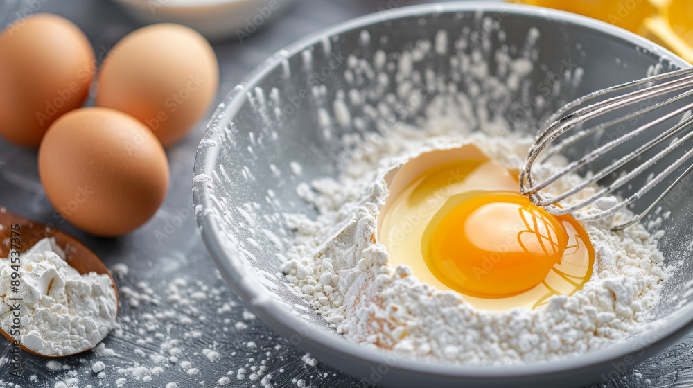 Close-up of an egg cracked into a bowl of flour with a whisk, surrounded by ingredients, ready for baking.
