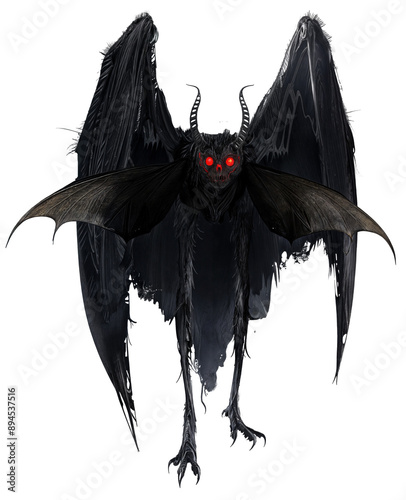 Terrifying Black Mothman with Red Eyes - Scary Halloween Creature, Detailed Dark Winged Monster, Isolated on Transparent Background photo