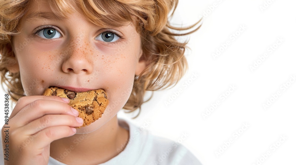 Young child with blond hair and blue eyes enjoying a chocolate chip cookie with a white background. Young child with blond hair and blue eyes enjoying a chocolate chip cookie with a white background.