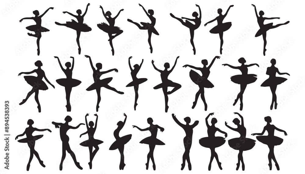 Elegant Ballet Dancer Silhouettes in Various Poses on White Background Elegant Ballet Dancer Silhouettes in Various Poses on White Background
