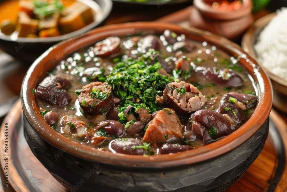 Closeup shot of authentic brazilian feijoada, garnished with fresh herbs Closeup shot of authentic brazilian feijoada, garnished with fresh herbs
