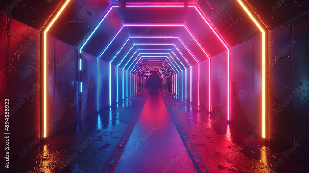 Sci-Fi Tunnel Vision, Futuristic Corridor Illuminated by Neon Lights, Space Travel Concept Sci-Fi Tunnel Vision, Futuristic Corridor Illuminated by Neon Lights, Space Travel Concept