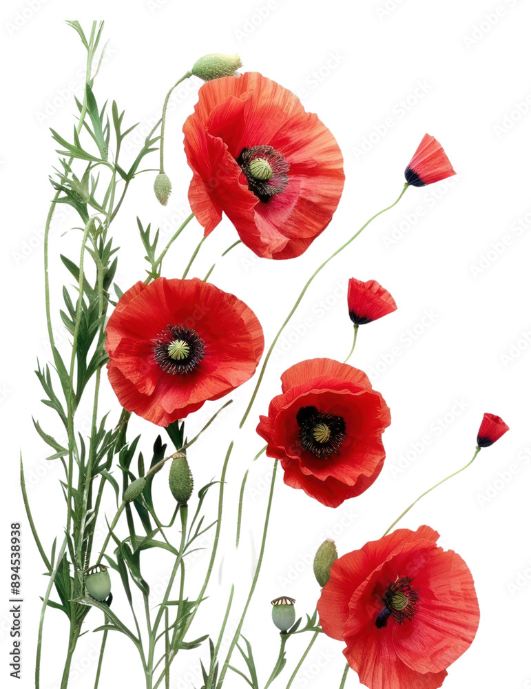 Obraz premium PNG Red poppies on white background