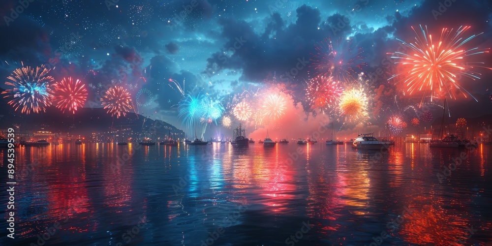 Obraz premium Fireworks show at harbor for National Fireworks Day, July 4th, reflecting on water, vibrant display, night celebration