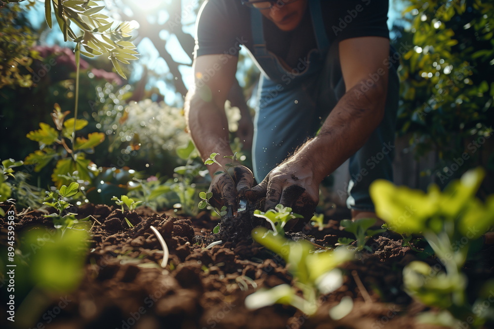 Fototapeta premium A person planting seedlings in a garden, working the soil with their hands