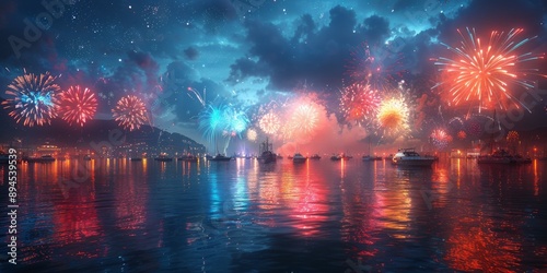 Fireworks show at harbor for National Fireworks Day, July 4th, reflecting on water, vibrant display, night celebration
