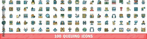 100 queuing icons set. Color line set of queuing vector icons thin line color flat on white